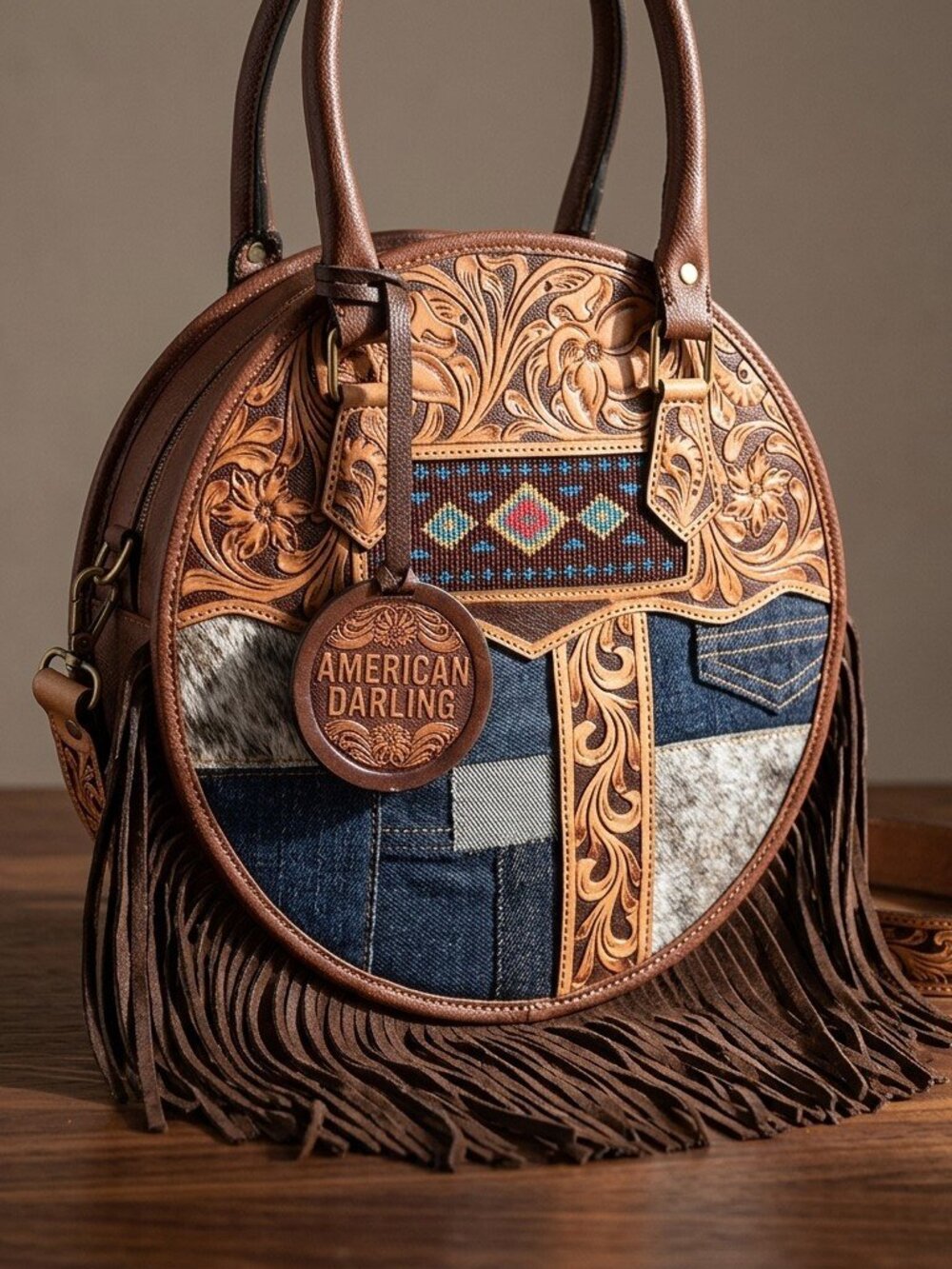 American Darling Patchwork Boho Fringe Tooled Crossbody Canteen Bag - Picture 5 of 6